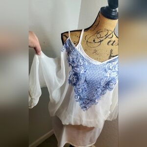 Terra & Sky White Tank with Blue/white Sheer WHBM Blouse.
